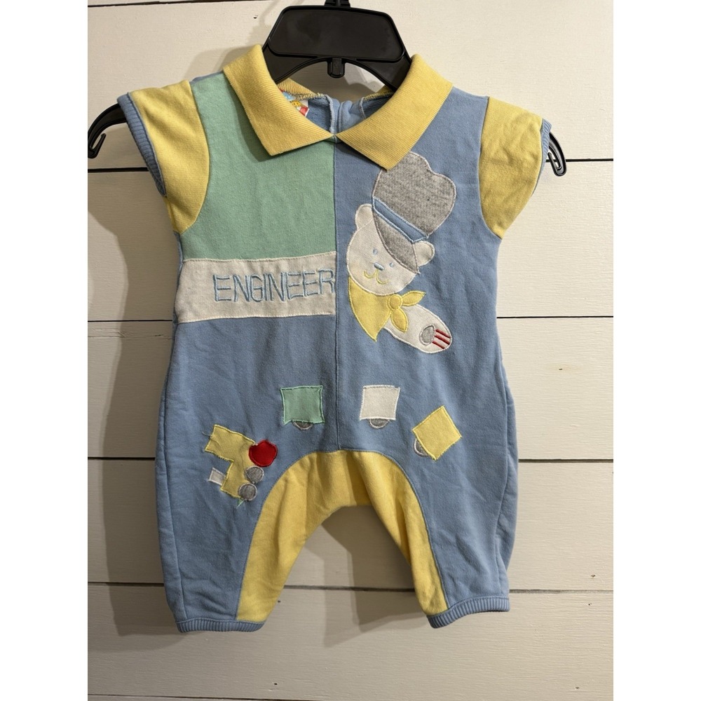 VTG Baby Boy Engineer Jumper Train Themed Hush Puppies 18 Month Romper 80's/90's
